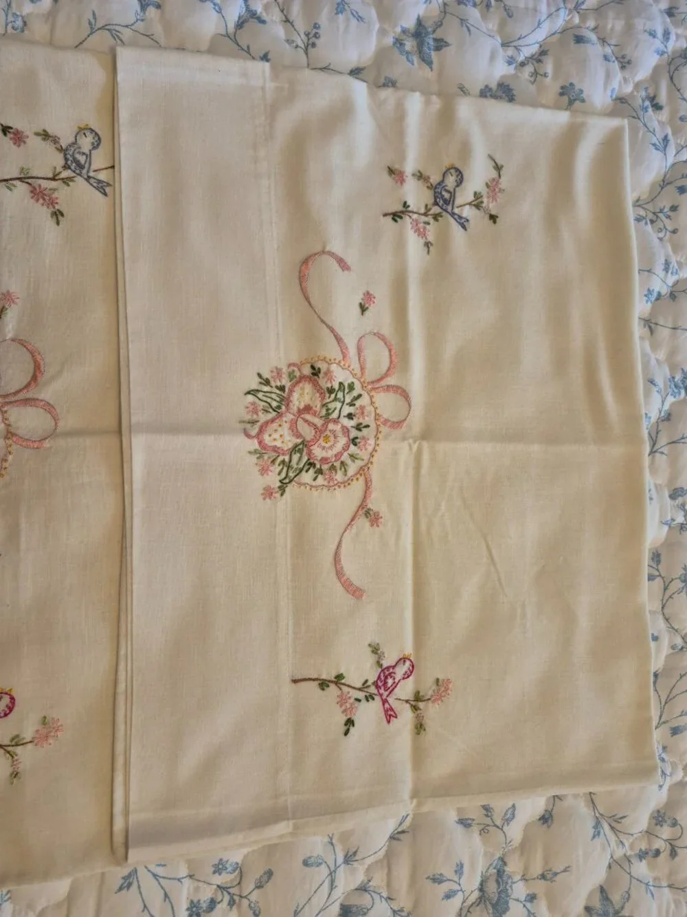 Vintage Embroidered Pillowcases Birds Flowers Standard Size Pair